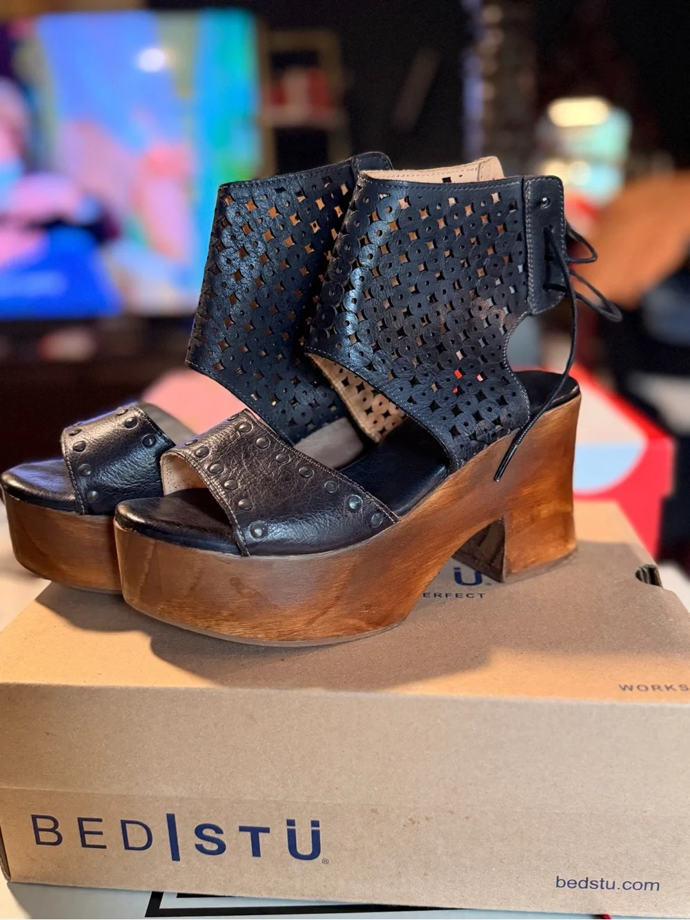 BED|STU MALI Black Leather Perforated Platform Sandals with Wooden Heel